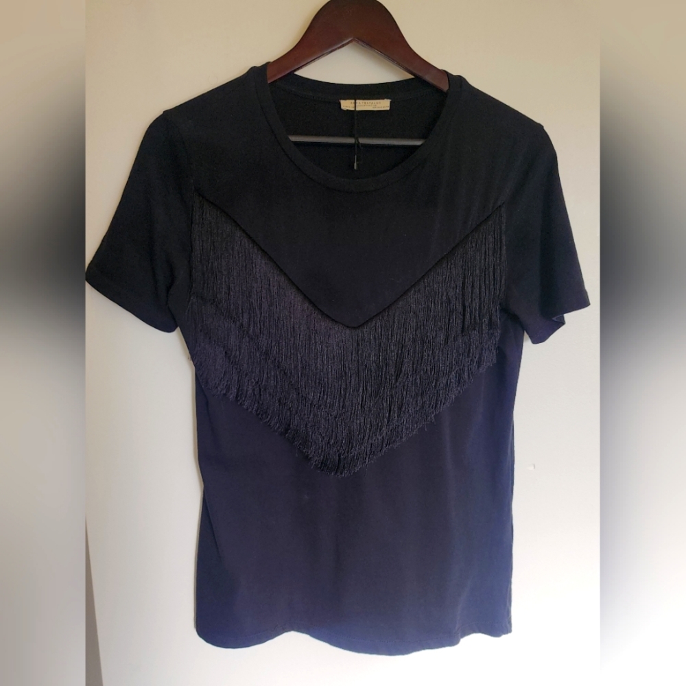 Zara Black T-shirt with Fringe Detail size small